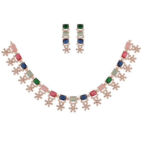 Rose Gold & Silver Plated Star Drop American Diamond CZ Necklace Set With Earring