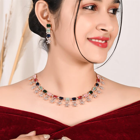 Rose Gold & Silver Plated Star Drop American Diamond CZ Necklace Set With Earring