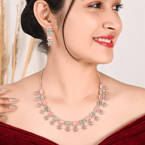 Rose Gold & Silver Plated Star Drop American Diamond CZ Necklace Set With Earring