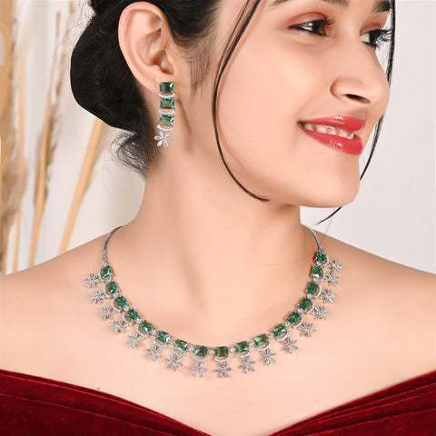 Rose Gold & Silver Plated Star Drop American Diamond CZ Necklace Set With Earring