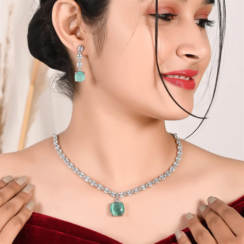 Sleek Amercian Diamond Pendant Drop Necklace Set With Earring