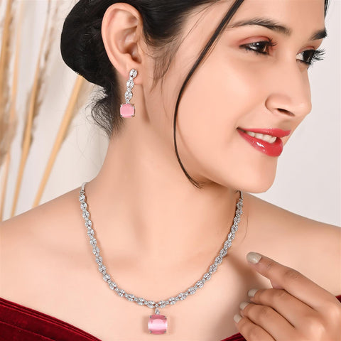 Sleek Amercian Diamond Pendant Drop Necklace Set With Earring