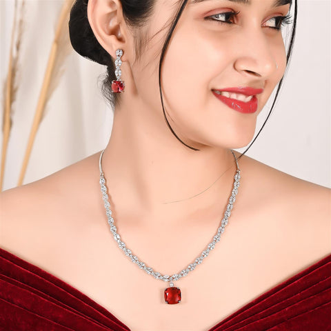 Sleek Amercian Diamond Pendant Drop Necklace Set With Earring