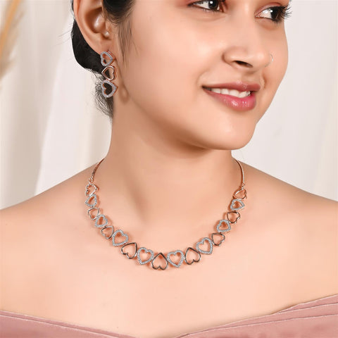 Rose Gold Plated American Diamond CZ Heart Necklace Set