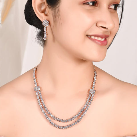 Rose Gold Plated American Diamond CZ Double Layer Necklace Set