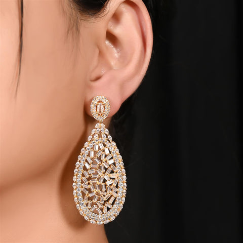 Gold Plated American Diamond CZ White & Red Chandelier Dangle Drop Earrings