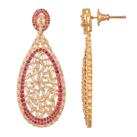 Gold Plated American Diamond CZ White & Red Chandelier Dangle Drop Earrings