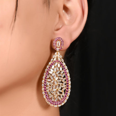 Gold Plated American Diamond CZ White & Red Chandelier Dangle Drop Earrings
