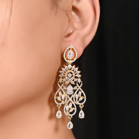 Gold Silver Plated American Diamond CZ White Chandelier Dangle Drop Earrings