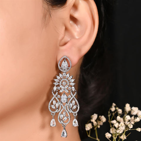 Gold Silver Plated American Diamond CZ White Chandelier Dangle Drop Earrings