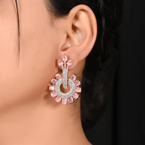 Silver Gold Plated American Diamond CZ White Curve Dangle Drop Earrings