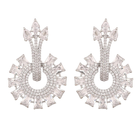 Silver Gold Plated American Diamond CZ White Curve Dangle Drop Earrings