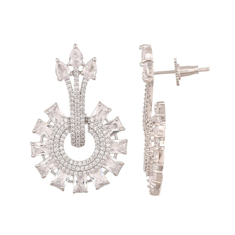 Silver Gold Plated American Diamond CZ White Curve Dangle Drop Earrings