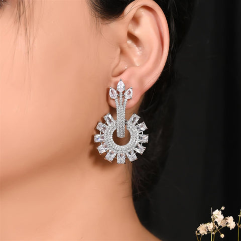 Silver Gold Plated American Diamond CZ White Curve Dangle Drop Earrings