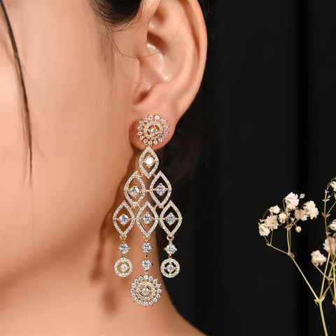 Gold Silver Plated American Diamond CZ White Long Dangle Drop Earrings