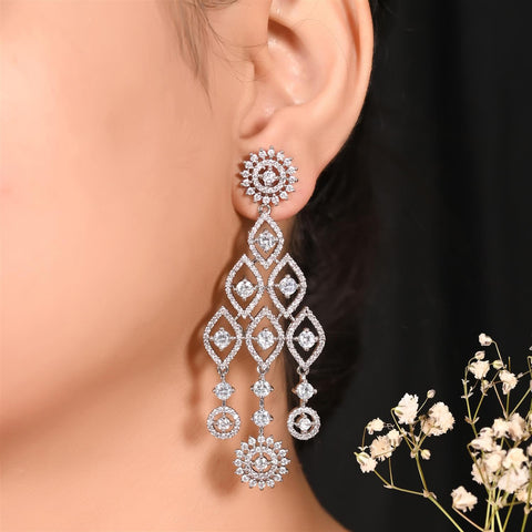 Gold Silver Plated American Diamond CZ White Long Dangle Drop Earrings