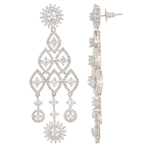 Gold Silver Plated American Diamond CZ White Long Dangle Drop Earrings
