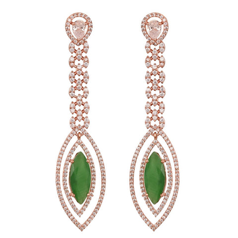 Rose Gold Plated American Diamond CZ Green & Pink Long Dangle Drop Earrings