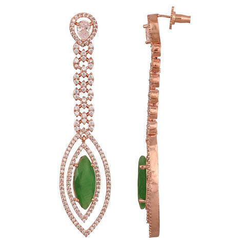 Rose Gold Plated American Diamond CZ Green & Pink Long Dangle Drop Earrings