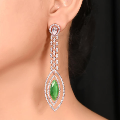 Rose Gold Plated American Diamond CZ Green & Pink Long Dangle Drop Earrings