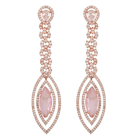 Rose Gold Plated American Diamond CZ Green & Pink Long Dangle Drop Earrings