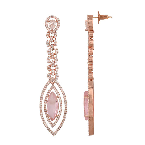 Rose Gold Plated American Diamond CZ Green & Pink Long Dangle Drop Earrings
