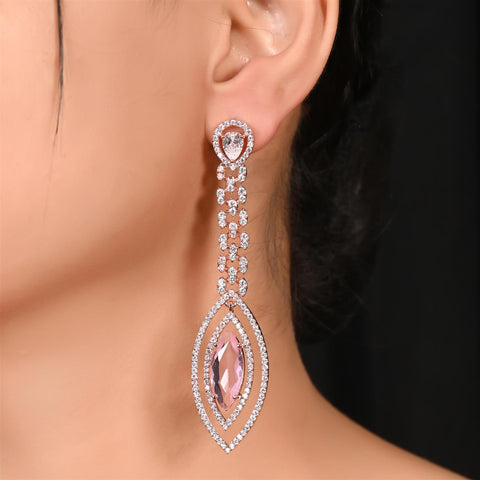Rose Gold Plated American Diamond CZ Green & Pink Long Dangle Drop Earrings