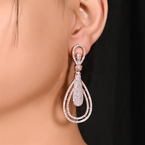 Rose Gold Plated American Diamond CZ White Dangle Drop Earrings