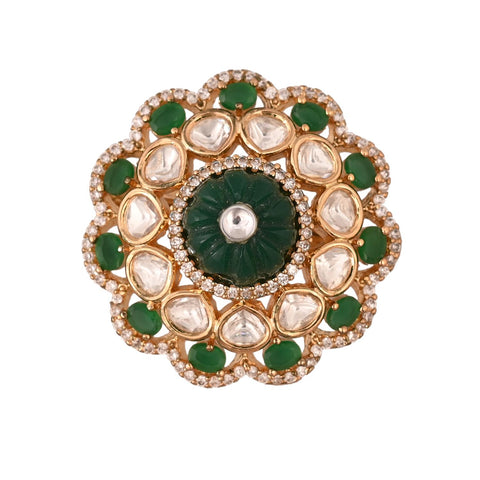 Gold Plated American Diamond CZ Green & Kundan Adjustable Cocktail Statement Ring