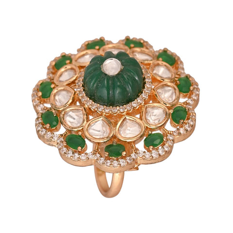 Gold Plated American Diamond CZ Green & Kundan Adjustable Cocktail Statement Ring