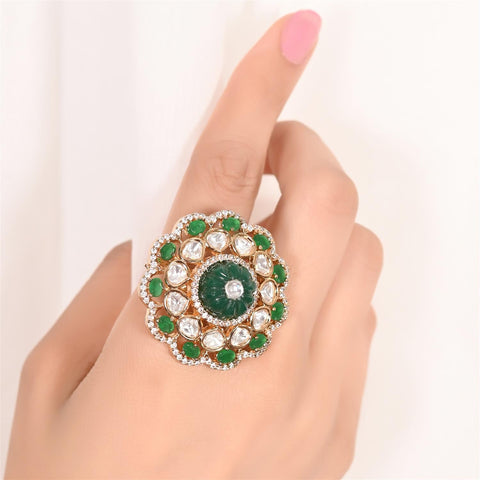 Gold Plated American Diamond CZ Green & Kundan Adjustable Cocktail Statement Ring