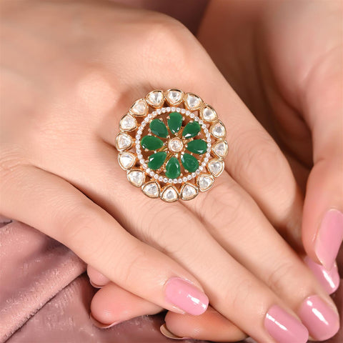 Gold Plated American Diamond CZ Kundan Adjustable Cocktail Statement Ring