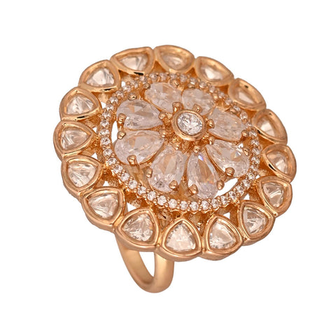 Gold Plated American Diamond CZ Kundan Adjustable Cocktail Statement Ring