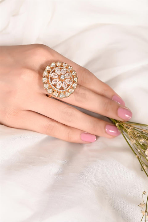 Gold Plated American Diamond CZ Kundan Adjustable Cocktail Statement Ring