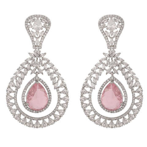 Silver Plated American Diamond CZ Pink & Mint Green Chandbali Dangle Drop Earrings