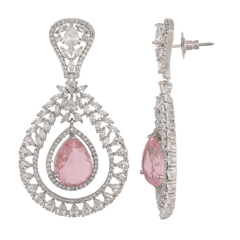Silver Plated American Diamond CZ Pink & Mint Green Chandbali Dangle Drop Earrings