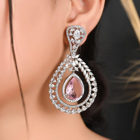 Silver Plated American Diamond CZ Pink & Mint Green Chandbali Dangle Drop Earrings