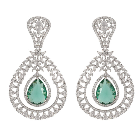 Silver Plated American Diamond CZ Pink & Mint Green Chandbali Dangle Drop Earrings