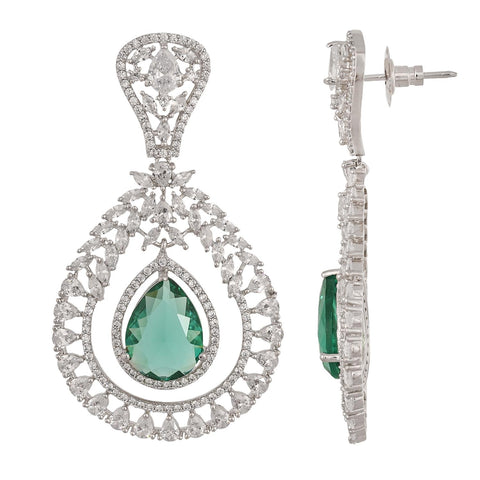 Silver Plated American Diamond CZ Pink & Mint Green Chandbali Dangle Drop Earrings