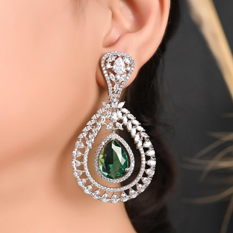 Silver Plated American Diamond CZ Pink & Mint Green Chandbali Dangle Drop Earrings