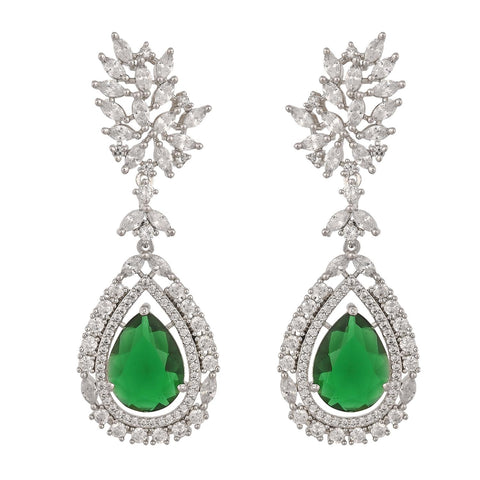 Silver Plated American Diamond CZ Floral Dangle Drop Earrings
