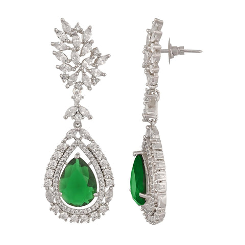 Silver Plated American Diamond CZ Floral Dangle Drop Earrings