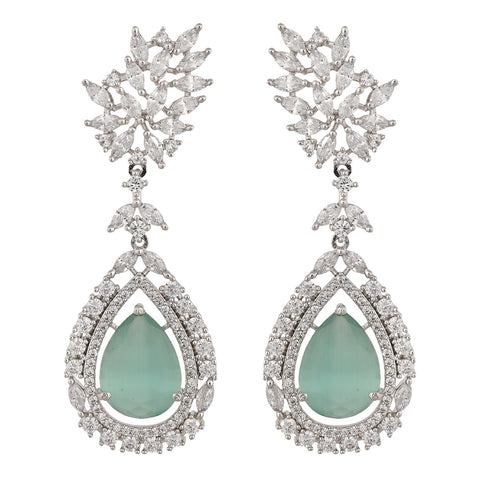Silver Plated American Diamond CZ Floral Dangle Drop Earrings