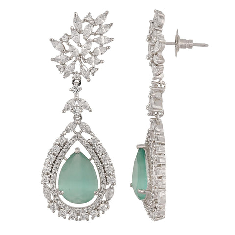 Silver Plated American Diamond CZ Floral Dangle Drop Earrings