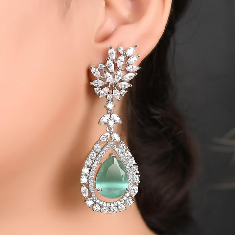 Silver Plated American Diamond CZ Floral Dangle Drop Earrings