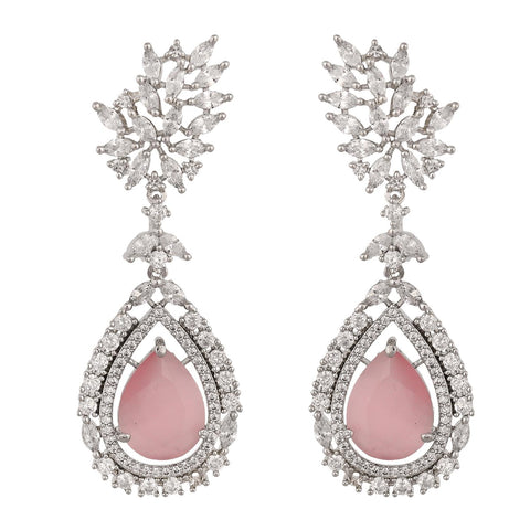 Silver Plated American Diamond CZ Floral Dangle Drop Earrings