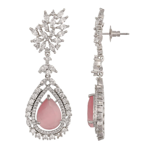 Silver Plated American Diamond CZ Floral Dangle Drop Earrings