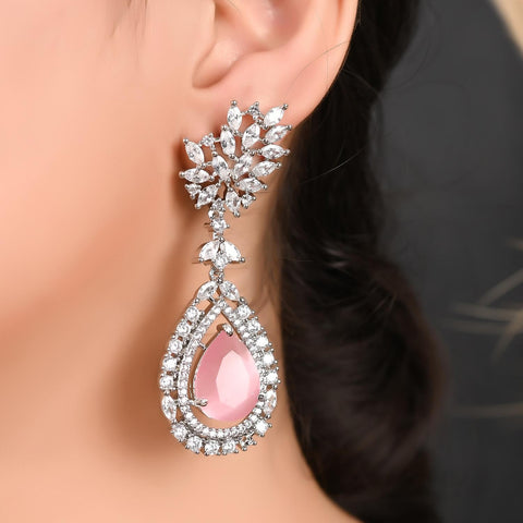 Silver Plated American Diamond CZ Floral Dangle Drop Earrings