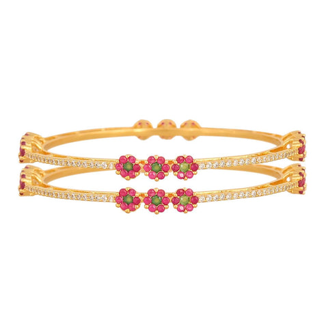 Gold Plated Round Red Green CZ American Diamond Sleek Bangle