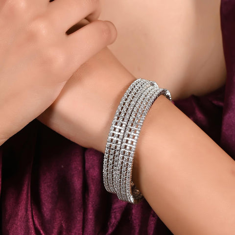 Silver Plated Round White CZ American Diamond Triple Layer Bangle